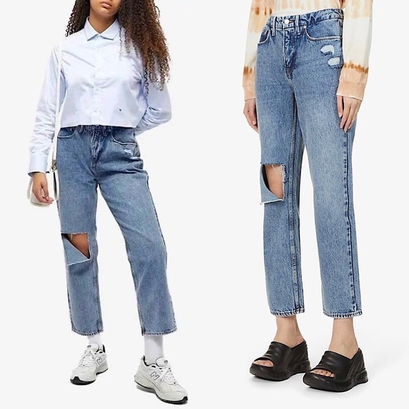 NWT GOOD AMERICAN 90s High Waist Distressed Denim Ripped Knee Ankle Crop Jean 28 - Picture 3 of 9